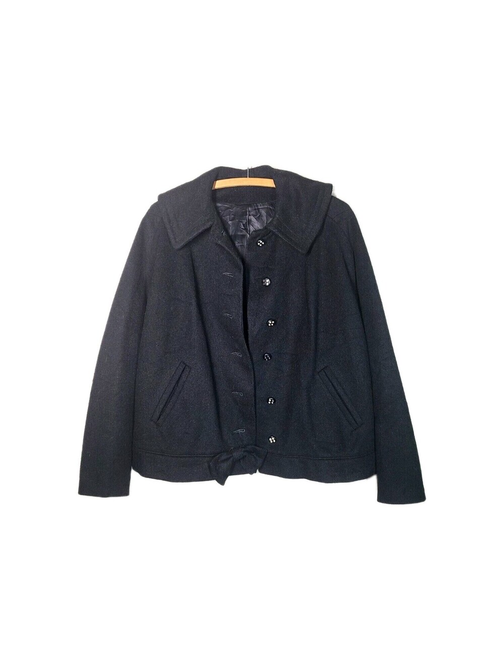 Vtg 60s Black Wool Retro Bomber Jacket Rhinestone Buttons Bow Gathered Back L